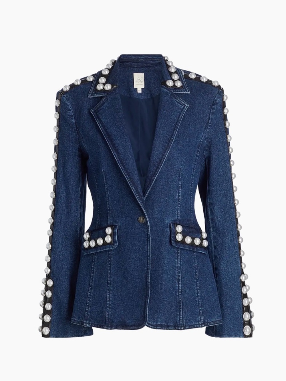 Cinq a Sept Pearl-Trim Dark Blue Denim Blazer - Women